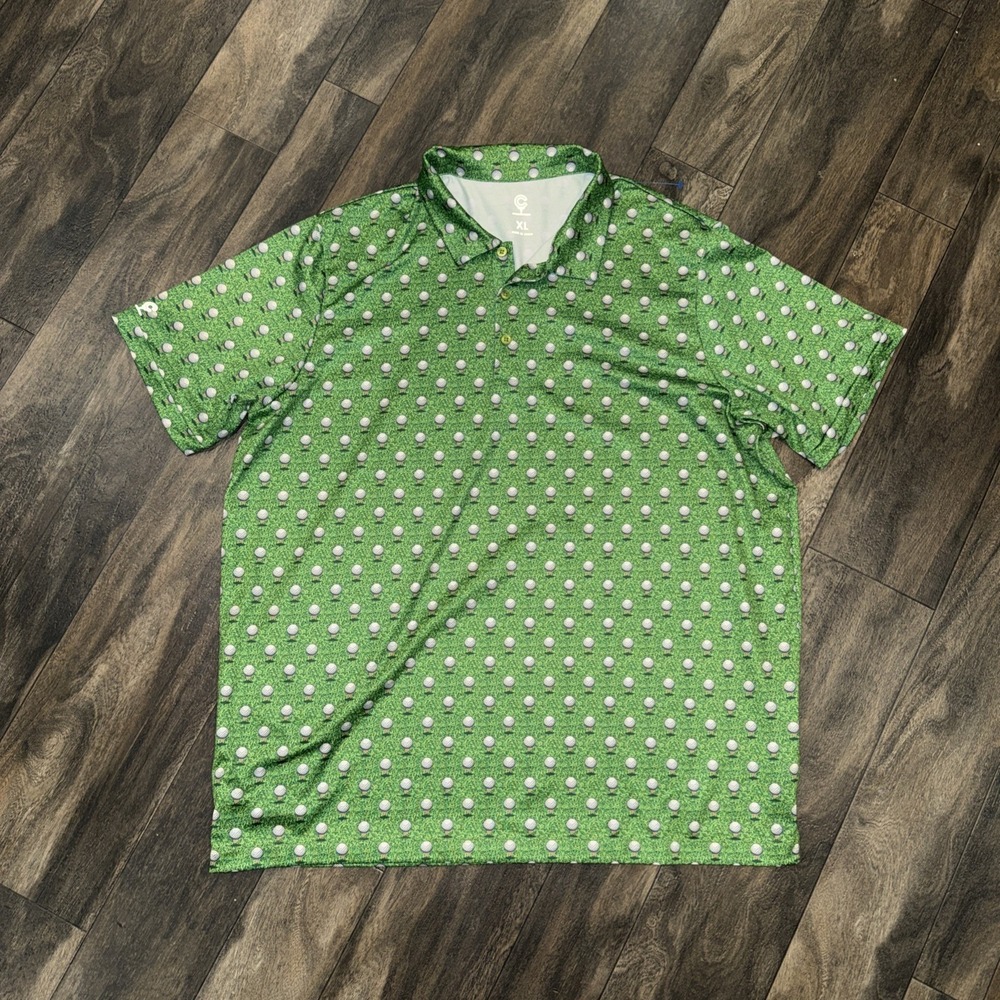 Caddy Cart Golf Polo Shirt All-Over-Print Golf Ball‎ Green Men's Size XL